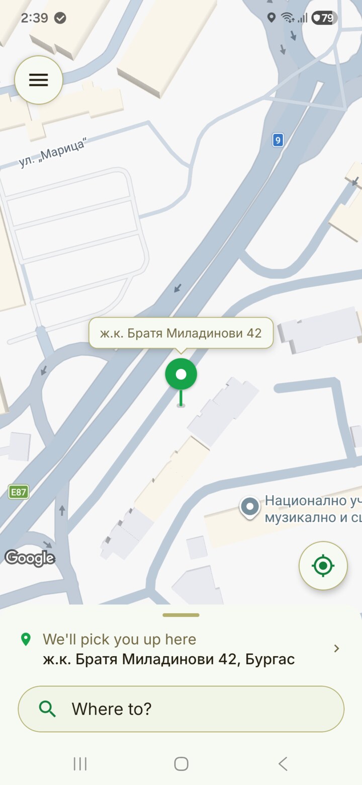 Green Taxi Burgas app taxi booking screen